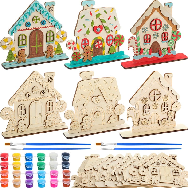 DoubleFill 6 Set DIY Wood Christmas Gingerbread House Paint Craft Kit Unpainted Ceramics Plaster Keepsake with Painting Set for Christmas Holiday Party DIY Art Project Decoration Paint Brushes - Image 1